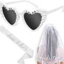 JoyChoi Bachelorette Party Accessories for Bride  3-Piece Kit with Heart Sunglasses, Bride Sash & Veil  Cute Bridal Shower Decorations & Engagement or Wedding Gift Set for Women