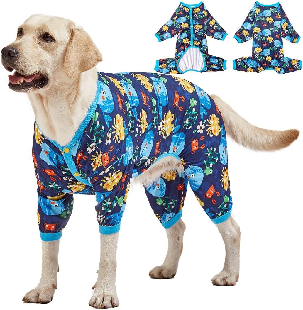 LovinPet Pajamas for Large Dogs, Lightweight Stretch Knit Pullover Dog Shirt, Marine Life Print, Pet Pajamas for Dogs, Large Breed Dog Jammie, PJ's for Pitbulls, Pet PJ's, 3XL (XXX-Large, Gold/Blue)