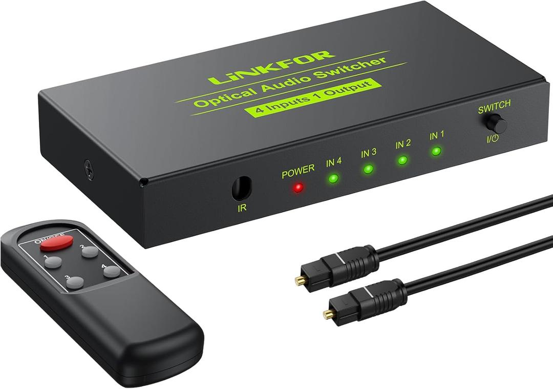 LiNKFOR Digital Toslink Optical 4x1 Switch with 3ft Optical Cable and IR Remote Control Aluminum Alloy Digital Audio SPDIF Toslink Optical Fiber Switcher 4 in 1 Out for PS3 Xbox Blue-Ray DVD HDTV, ULKVC232