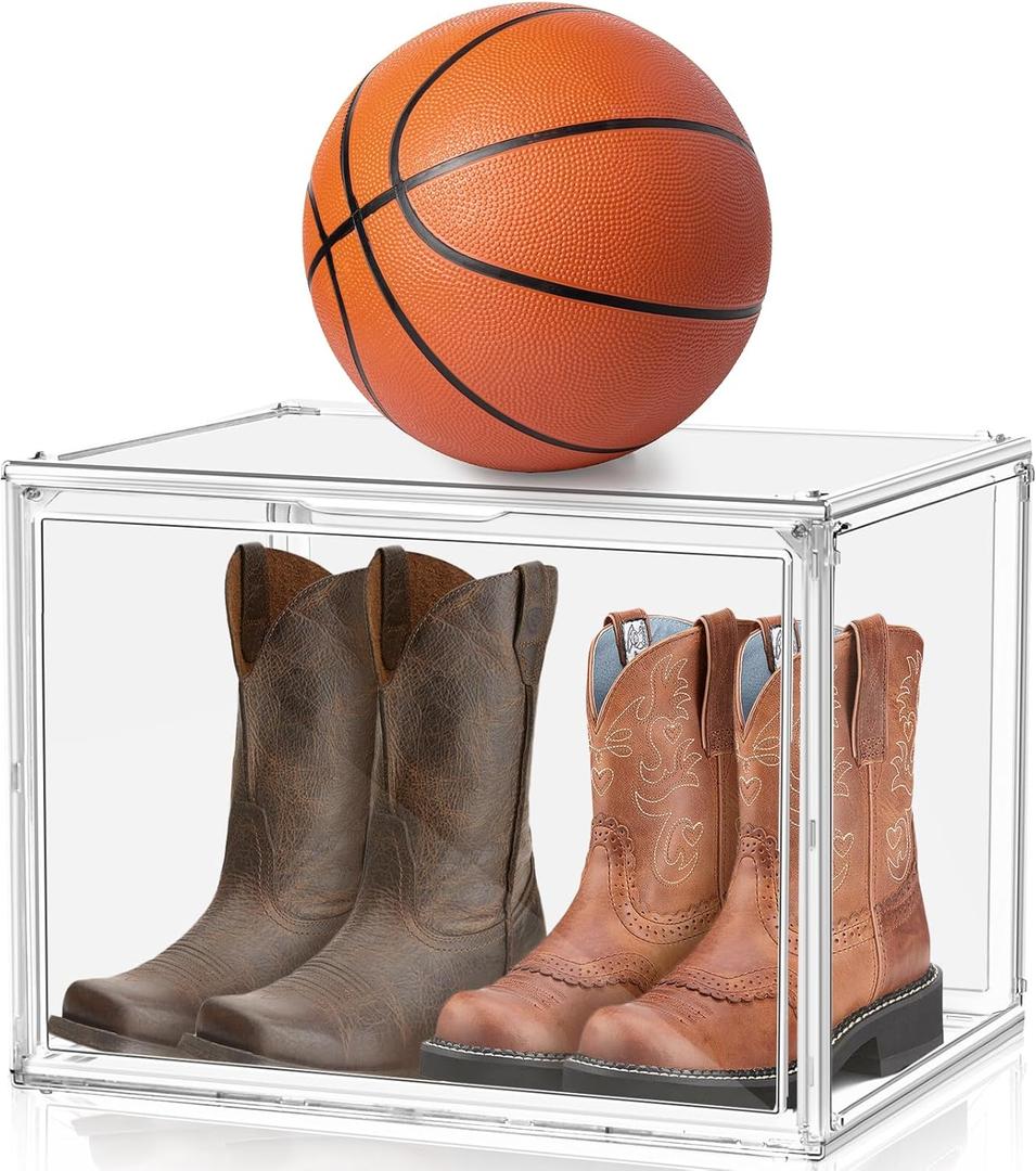 Extra Large Acrylic Display Case, XXX-Large Clear Boot Shoe Boxes Sneaker Storage Box Stackable Handbag Collectibles Organizer with Magnetic Door