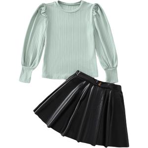 Girls Skirt Sets 2 Piece Outfits Long Sleeve Puff Mock Neck Tops and Plaid Skirts Fall Winter Clothes Size 6-14Y (13-14 Years, Leather Green & Black)