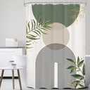 Small Stall Green Boho Shower Curtain 54Wx78H Rv Modern Bohemian Abstract Sage Green Gold Leaves Plant Minimalist Narrow Half Bathroom Decor Geometric Bath Curtain Fabric Polyester 12 Pack Hook