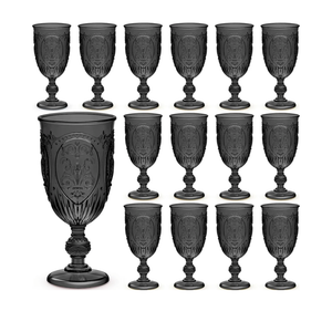 24 Pcs Plastic Goblets 7.5oz Vintage Goblet Plastic Wine Glasses Colored Retro Embossed Water Goblets for Wine Bar Juice Baby Shower Wedding Reception Grand Event Party (Black)