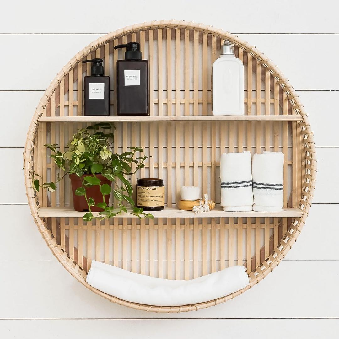 Rattan Wall Shelf 3 Tier Boho Wall Mounted Shelf Farmhouse Handcraft Round Floating Shelf Display Rack Storage Circular Hanging Shelf for Livingroom Home Decor