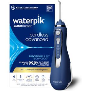 Waterpik Cordless Advanced 2.0 Water Flosser For Teeth, Gums, Braces, Dental Care With Travel Bag and 4 Tips, ADA Accepted, Rechargeable, Portable, and Waterproof, Blue WP-583