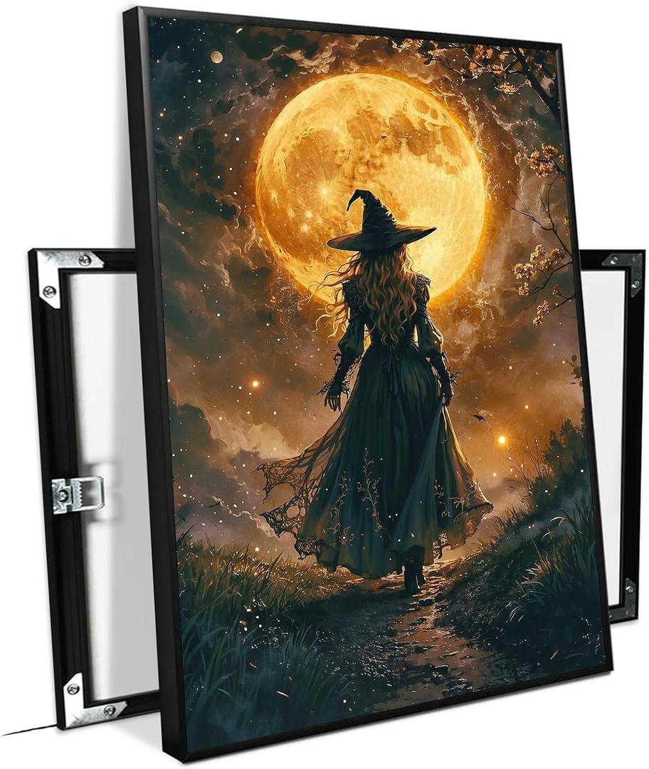 XWNLTEPK Halloween Night Witch and Full Moon Art Print Canvas Poster Suitable for Wall Decoration Home Seasonal Decor Spooky Atmosphere Theme Living Room Bedroom Party Wall Art Gothic Design Element (8x12in Black Framed, A01)