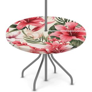 Round Outdoor Tablecloth with Umbrella Hole and Zipper Tropical Flowers Waterproof Round Fitted Tablecloth with Elastic Wipeable Table Cloth for Picnic, Patio,Garden (36"-44")