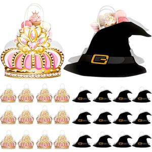 Kolldenn 24 Pcs Princess & Witch Party Favor Bags for Kids, Crown and Hat Goodie Treat Bags with Handles, Pink Green Birthday Party Gift Bag for Candy Toys