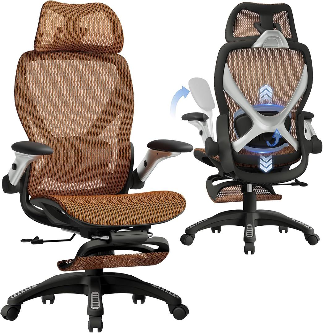 ELABEST X100 Ergonomic Office Chair with Footrest, Big and Tall Home Desk Chair with 5D Flip-Up Arms, Adjustable 3D Lumbar Support,High Back Rolling Computer Chair, Swivel Mesh Chairs, 24 inches x 26 inches x 41 inches