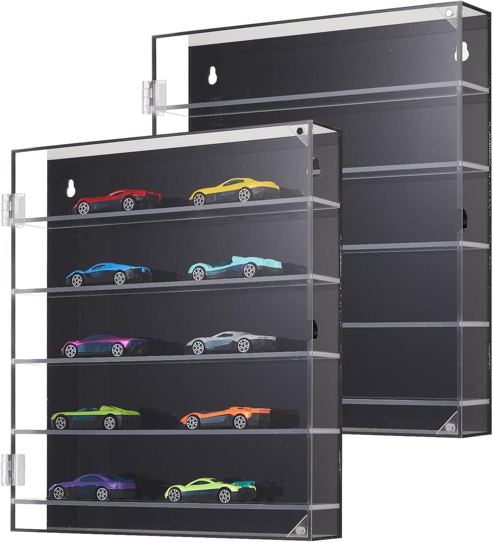 Chunful 2 Pcs 5 Tier Acrylic Display Case for 1:64 Scale Diecast Cars Maximum 30 Toy Cars Storage Case Wall Mountable/ Tabletop Transparent Showcase with Magnetic Switch Door for Collector