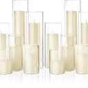 Shihanee Set of 12 Pillar Candles and Glass Cylinder Vases Assorted Sizes Cylinder Holders for Pillar Candles Home Table Centerpieces Wedding Party Decorations (Ivory)