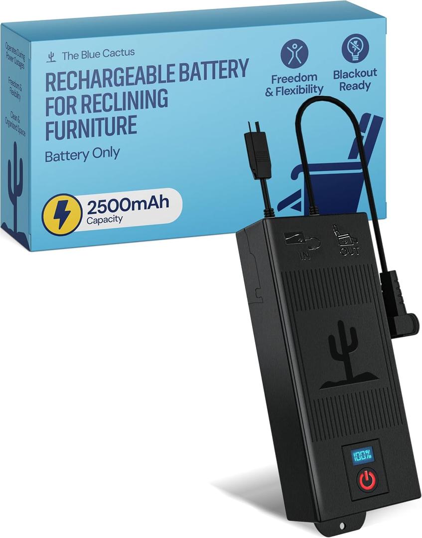 The Blue Cactus Universal Battery Pack for Reclining Furniture with LCD Display  2500mAh Rechargeable Recliner Battery  Compatible with 2-Pin Motion Furniture - Couch, Sofa, Recliner Chair Accessory