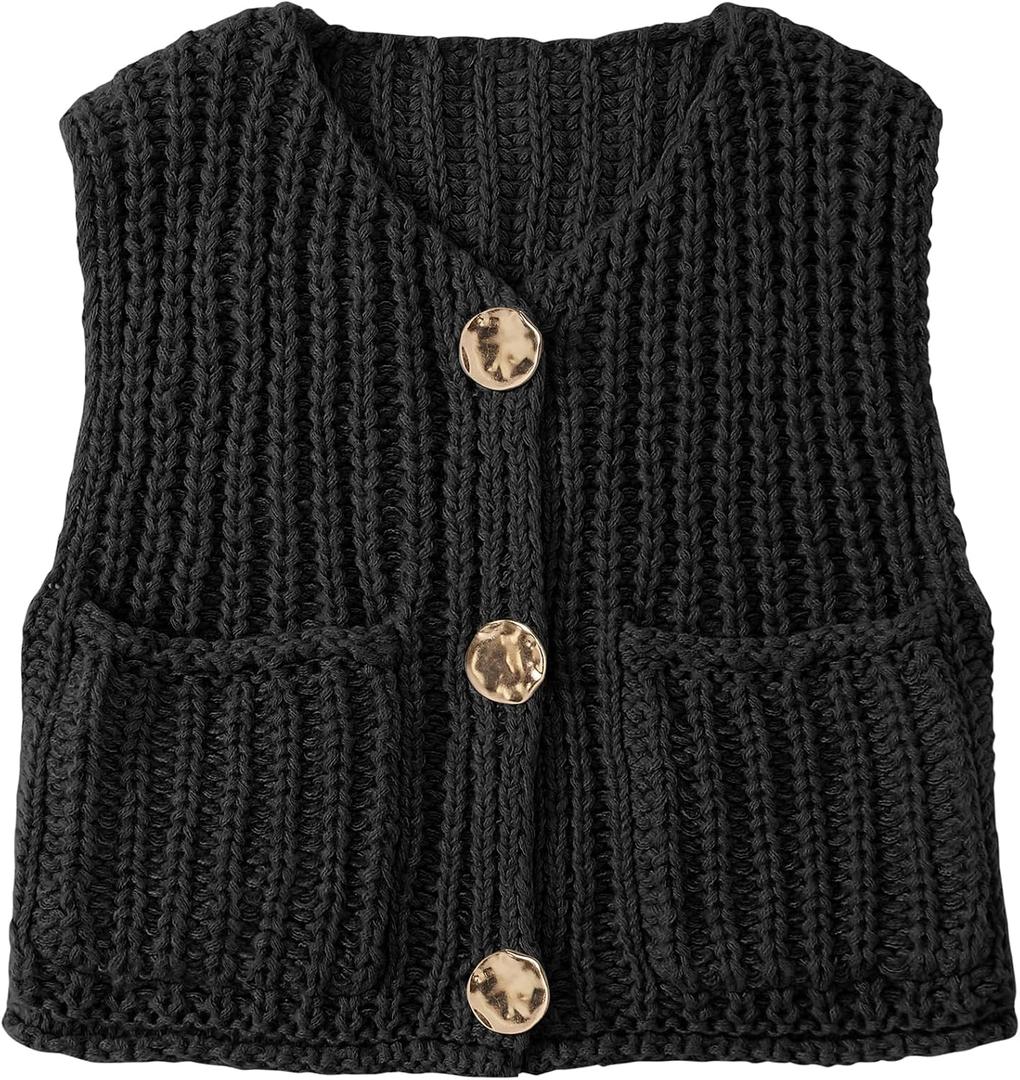 UEU Womens Chunky Sweater Vest Button Down Sleeveless Cardigan V Neck Crop Crochet Knit Tops 2025 Fashion Trendy Clothes (Black, M)