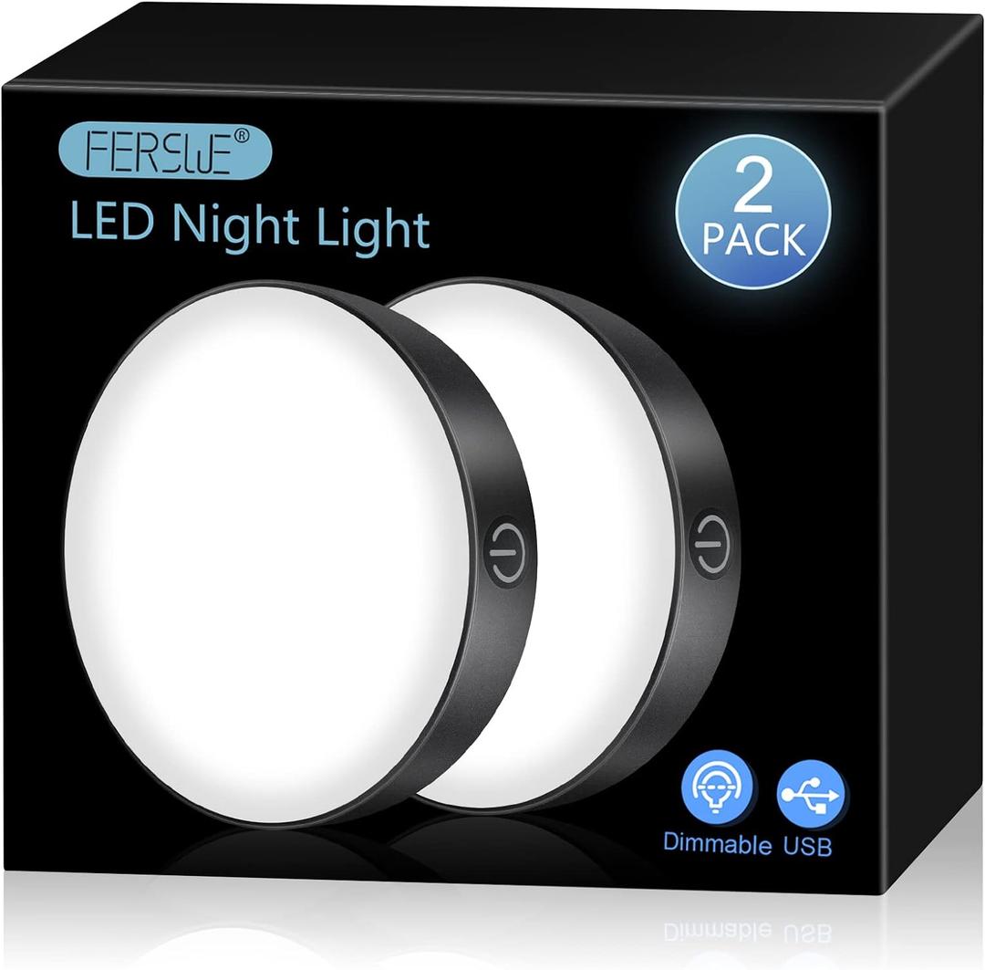 Ferswe Rechargeable Tap Light 6000K, Dimmable Touch Light with 1000mAh Large BatteryBrightness Adjustable, Stick on Lights for Closet, Cabinet, Counter, Kitchen, Bedroom and Wall(2 Pack) (Cool White, Black)