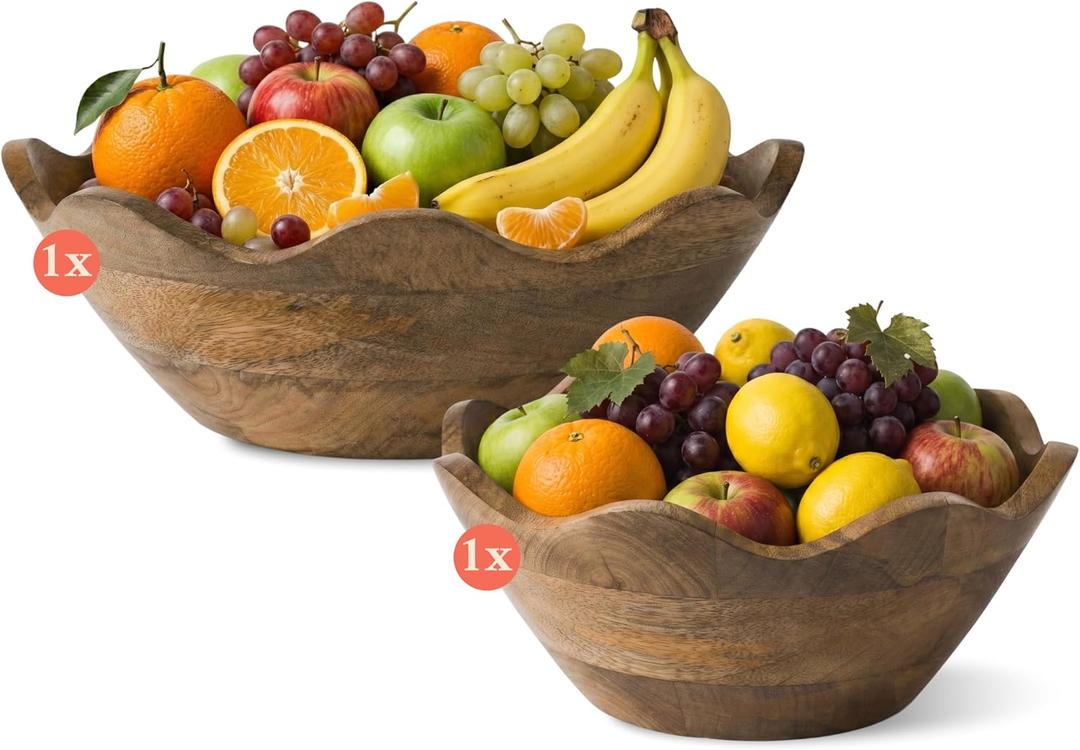 Mela Artisans 12 & 10 Scalloped Mango Wood Bowls Set of 2 Wooden Salad Bowl Set, Wooden Fruit Basket for Kitchen & Table Display