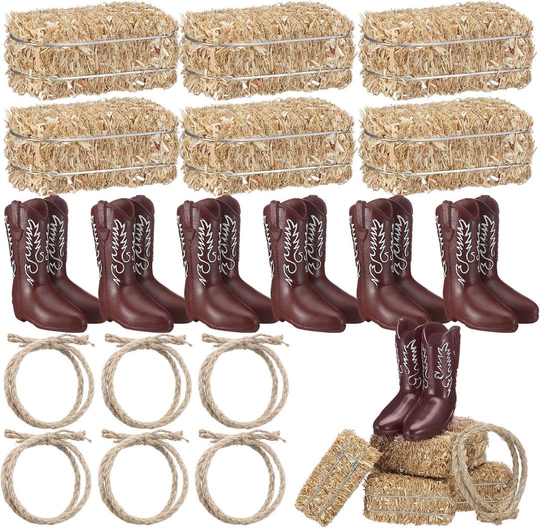 12 Sets 6 Sets Western Cowboy Party Centerpieces Decoration Mini Hay Bales Mini Cowboy Boots Table Centerpieces Twisted Jute Rope for Western Wedding Birthday Vintage Ornament Decor
