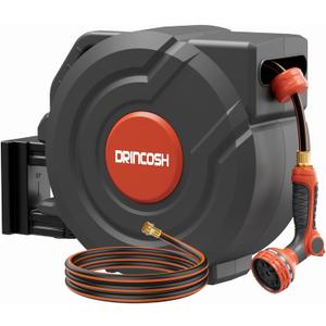 Retractable Garden Hose Reel 90 ft 5/8 inch Automatic Rewind with Any-Length Lock 9 Pattern Nozzle Sprayer 180 Swivel Wall-Mounted Hose Reel for Home Yards