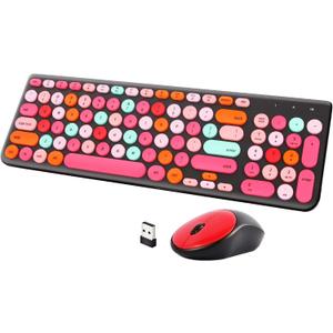 Wireless Keyboard and Mouse Combo, Retro Typewriter Keyboard with Round Keycaps, 2.4GHz USB Cute Wireless Keyboard Mouse for Computer, Desktop, Laptop and Computer (Black-Colorful)