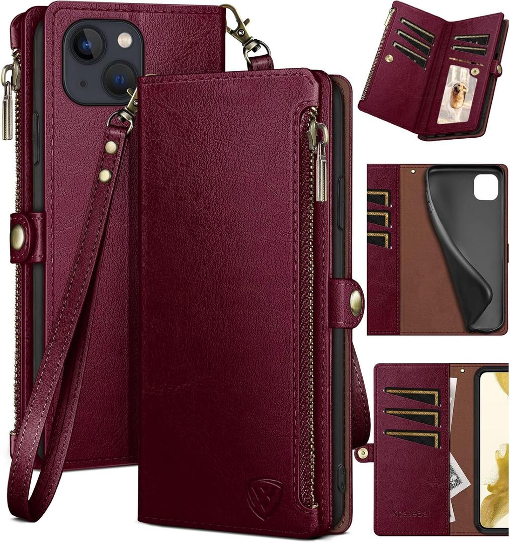 XcaseBar for iPhone 15 6.1" Wallet case with Zipper Credit Card Holder RFID Blocking,Flip Folio Book PU Leather Shockproof Strap Protective Cover Women Men for Apple 15 Phone case Wine Red