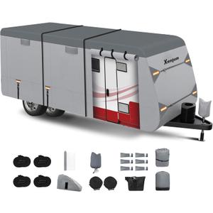 RV Cover for 14-16 ft Travel Trailers, 7 Layers Heavy Duty Camper Cover, Weatherproof & UV Resistant Motorhome Trailer Cover with Gutter & Tongue Jack Covers