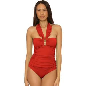 Soluna Swim Women's Sun Goddess Tankini, Tummy Control, Adjustable, Tie Back, Swimsuit Tops for Women (12, Red)