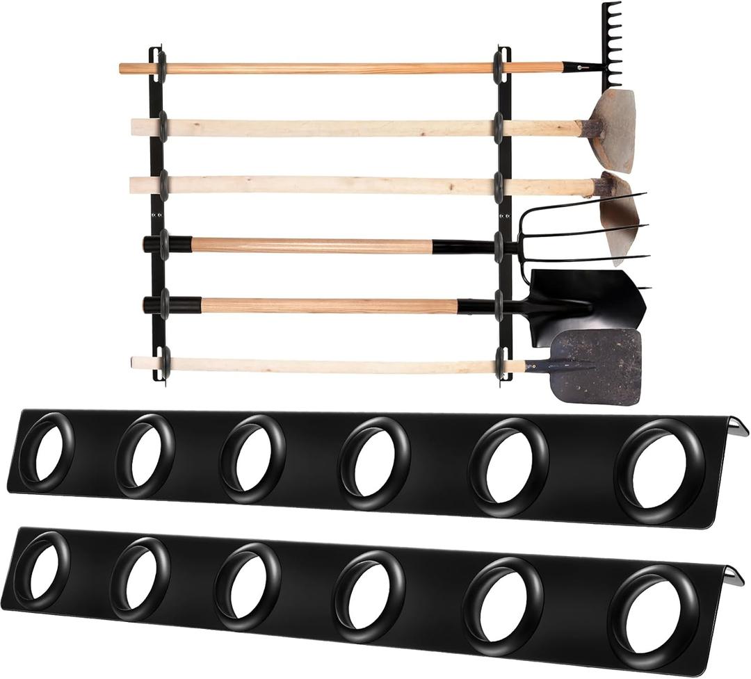 Dunzy 4 Sets 6-Tool Landscape Trailer Rack for Lawn Equipment 6 Hole Hand Tool Storage Rack Landscaping Shovel Holder for Truck with Rubber Grommets and Mounting Hardware Accessories, Black