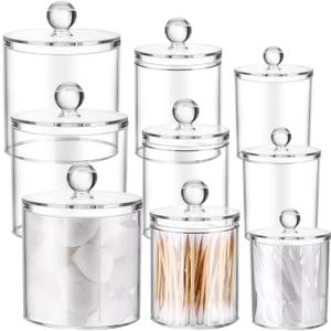 Meanplan Plastic Apothecary Jars with Lids Acrylic Holder Dispenser for Bathroom, 10/22/39 oz Clear Plastic Storage Jars Floss Container for Swab Cotton Ball, 3 Sizes(9 Pack,Acrylic Lid)