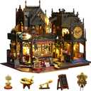 Miniature House Kit DIY Mini House Building Kit with LED Light, DIY Mini Dollhouse with Furniture Book Nook Kit, 3D Wooden Puzzle Wooden Bookend Shelf Insert Decro (Holo Magic City)