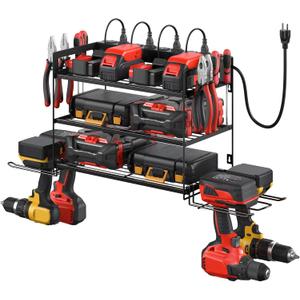 CCCEI Garage Tools Storage with Charging Station. Power Tool Battery Organizer Utility Shelf with Power Strip. 4 Drills Holder Wall Mount Rack, Black 3 Layer. (Small)