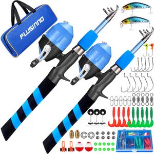PLUSINNO Kids Fishing Pole, Portable Telescopic Fishing Rod and Reel Combo Kit - with Spincast Fishing Reel Tackle Box for Boys, Girls, Youth (1.2M 3.94Ft, 2pack blue)