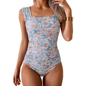 B2prity Womens One Piece Swimsuit Retro Square Neck Tummy Control Bathing Suits Ruched Modest Full Coverage Swimwear (Medium, Pink Floral)
