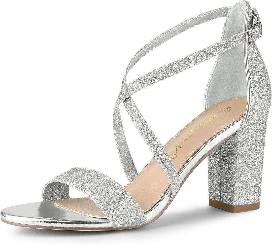 Allegra K Women's Glitter Crisscross Strap Block Heels Sandals (11)