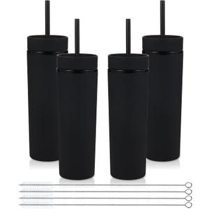 Volhoply 16oz Plastic Skinny Tumbler with Lid and Straw Bulk 4 Pack,Insulated Double Wall BPA Free Matte Acrylic Tumblers,Iced Coffee Travel Mug Reusable Party Cup,Customizable Diy Gifts(Black,4 Set)