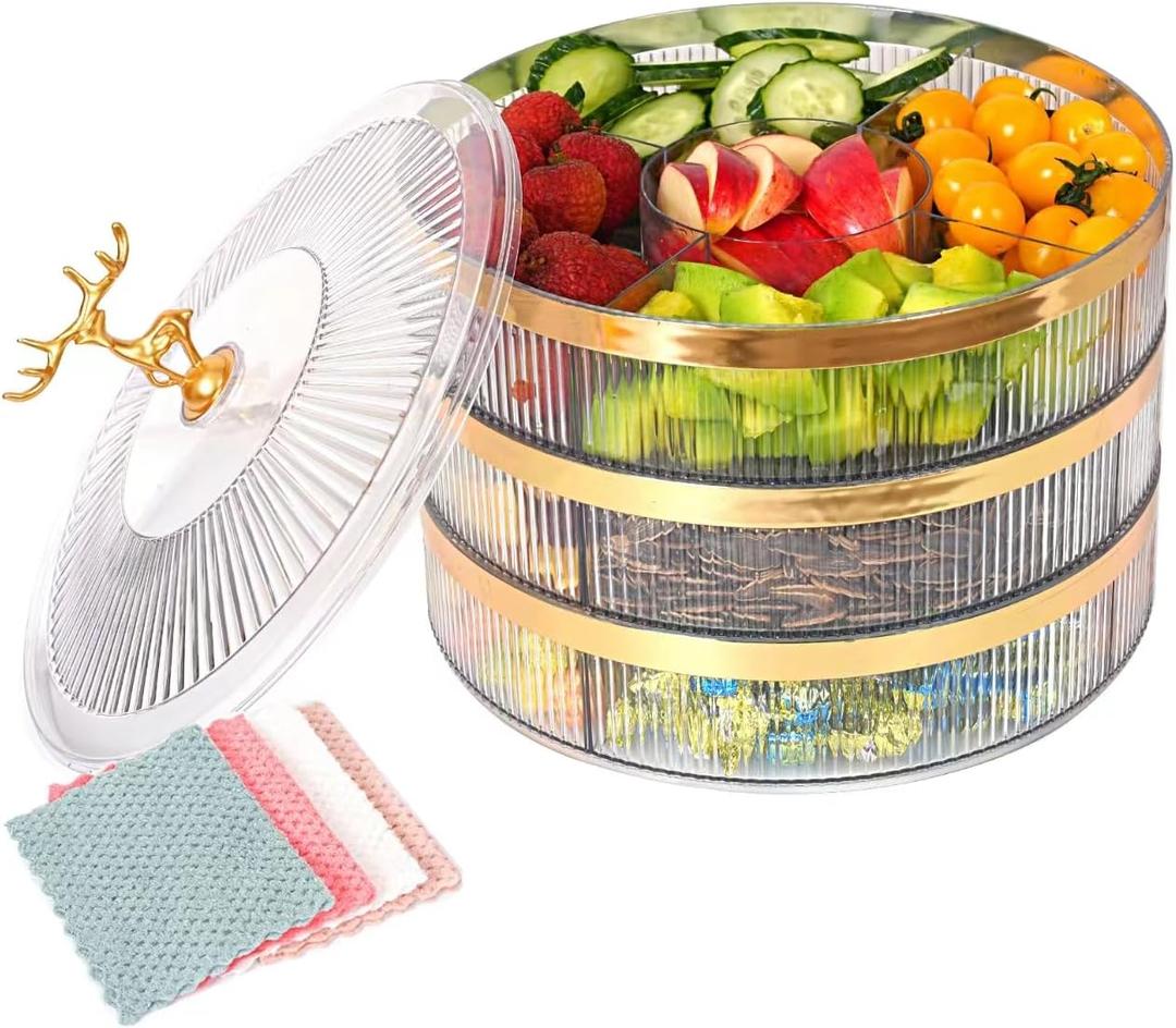 Snackle Box ContainerFruit Tray with LidDivided Serving Tray with LidSnack Tray with LidVeggie Tray with LidSet of 3 Tiers, and 4 Coral Fleece Cleaning Cloths.