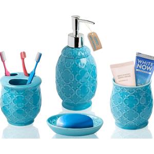 Comfify 4-Piece Bathroom Accessory Set - Ceramic Bath Set with Blue Glossy Finish - Modern Vanity Accessories Including Soap Dish, Tumbler, and Toothbrush Holder
