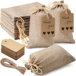 Homum 25Pcs Premium Burlap Gift Bags with Drawstring and 25Pcs Gift Tags & String, 4x6 Inch Reusable Gift Burlap Linen Sacks Bag for Wedding Favors Party Jewelry Pouches, Christmas, Coffee, DIY Craft (1 Count (Pack of 25))