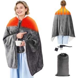 USB Heated Blanket for Keeping Warm, Cordless Wearable Throw with 3 Heat Levels, Battery Operated(No Power Bank Included) Shawl for Outdoor Use(Gray) (Gary)