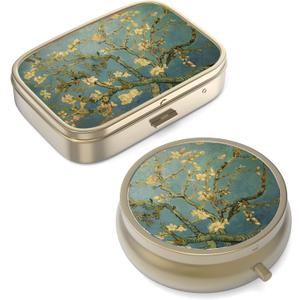 Pill Case Pill Box with Mirror Retro Small Pill Case for Purse or Pocket Bronze Pill Box or Vitamins, Fish Oil, Supplements, Pill Containe Travel Gifts2PCS (Vangogh Art)