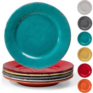 Rustic Melamine Dinner Plates, 11 inch Melamine Plates Set of 6, Large Salad/Dessert Plates, Unbreakable Colorful Serving Dishes Set for Indoor and Outdoor, Assorted Color