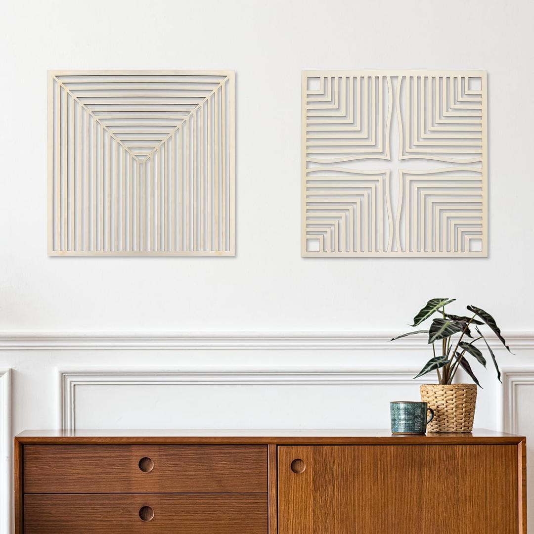 Homenthus 2 Pcs Abstract Wood Wall Art, Mid Century Modern Geometric Wood Wall Decor Minimalist Wooden Wall Art Decor Panels for Boho Living Room Bedroom Kitchen Dining Room Office Home Wall Decor (Medium)