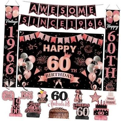 60th Birthday Party Decorations Women - 16 Pcs Black Rose Gold Banner Backdrop Porch Door Sign Hanging Swirls Fabulous Cake Topper Table Centerpieces For Vintage 60 Year Old Party Decor