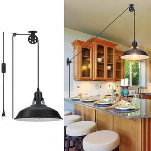 Plug in Pulley Pendant Light with 14.76ft Cord On/Off Switch, Industrial Barn Black Hanging Lights with Plug in Cord, Pulley Wall Pendant Lamp for Kitchen Island, Pool Table, Bedroom, 1 Pack