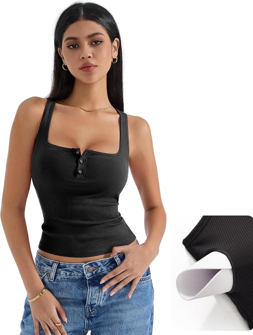 SUUKSESS Women Sexy Ribbed Square Neck Tank Tops with Built in Bra Summer Cotton Sleeveless Crop Going Out Cami (Small, Black)