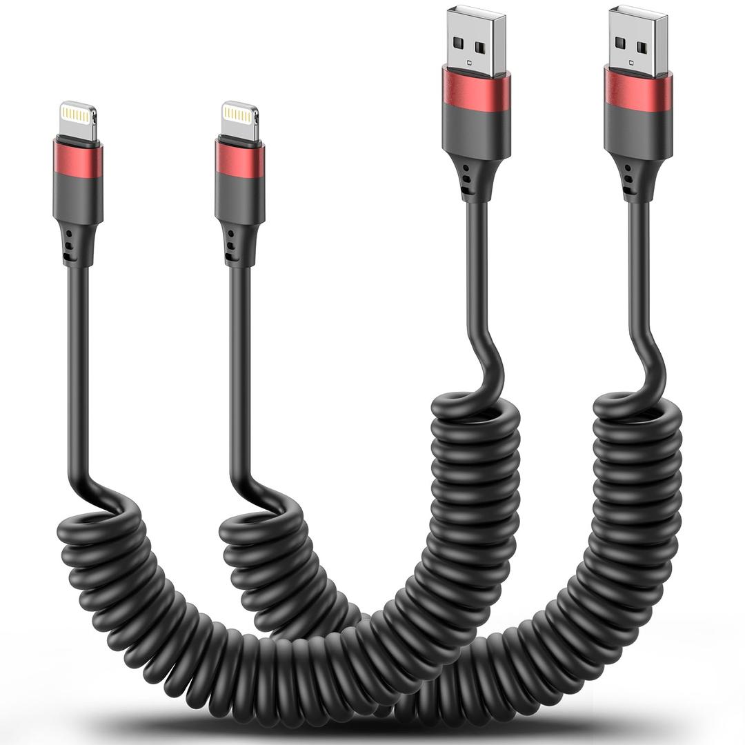 Coiled USB to Lightning Cable for Car, 2 Pack Retractable Lightning Cable Coiled iPhone Charger Cord Fast Charging for iPhone 14 13 12 11 Pro Max Mini 10 8 Plus XR SE, AirPods [MFi Certified]