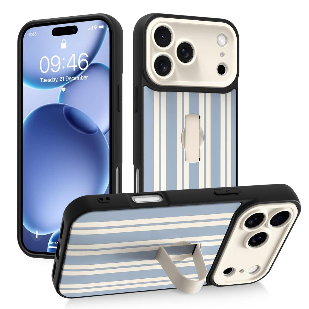 Gukalong Phone Case for Phone 17 Pro Max 6.9 Inch Blue and White Stripes Slim Phone Cover with Strap Stand Heavy Duty ShockPro Maxof Pro Maxtective Anti-Scratch Kickstand Case for Women