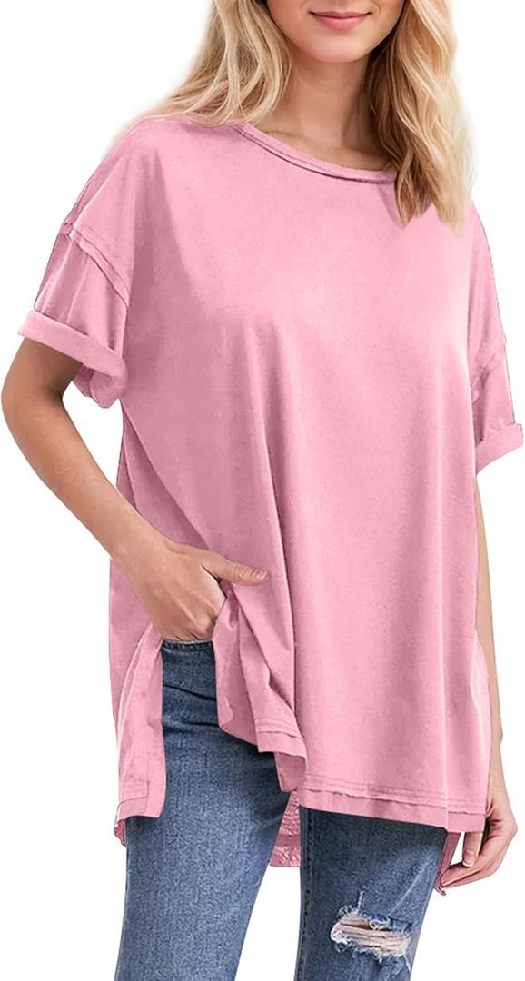 Women Oversized T-Shirt Crew Neck Loose Fit Short Sleeve Tops Summer Casual Blouse Y2K 2025 Basic Top Tees (Pink, M)