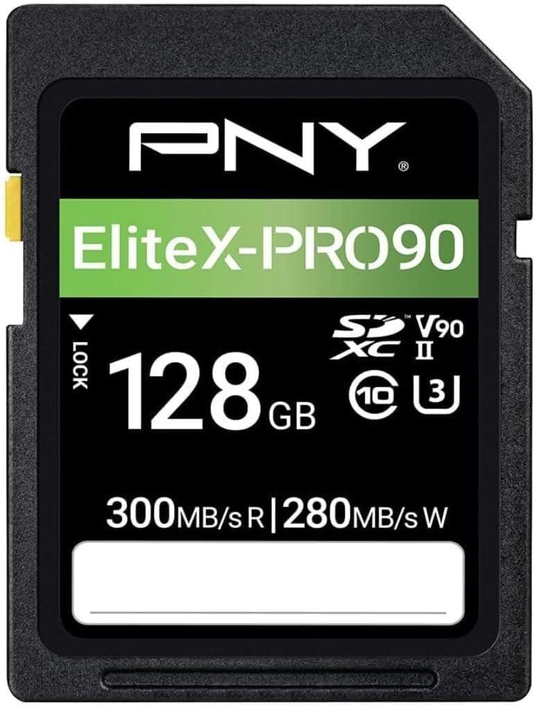 PNY 128GB EliteX-PRO90 UHS-II SDXC Memory Card  R300MB/s W280MB/s, U3, V90, 8K UHD, Full HD, UHS-II for Professional Photographers & Content Creators, DSLR, Mirrorless Cameras, Advanced Video Cameras