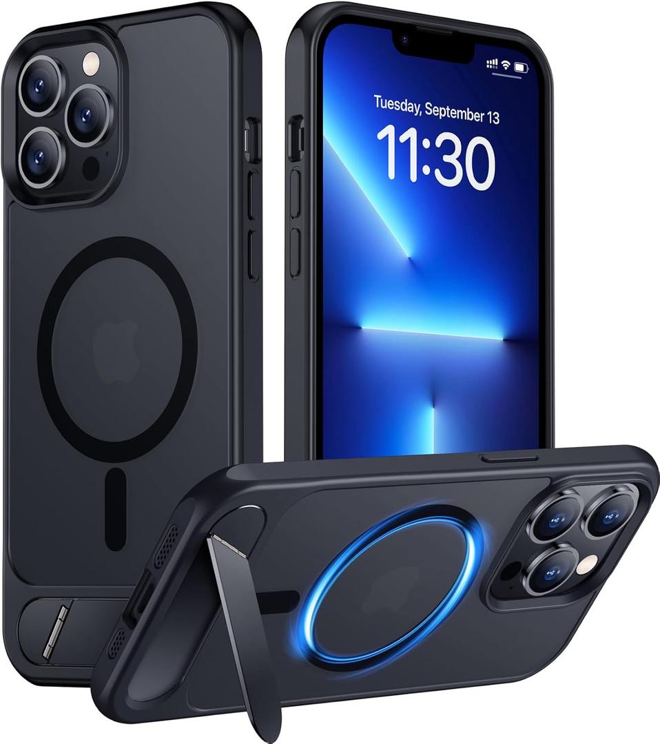 Magnetic Compatible with iPhone 13 Pro Max Case, [Built-in Invisible Kickstand][Compatible with MagSafe] [Military Grade Shockproof] Slim Translucent Matte Phone Case for iPhone 13 Pro Max 6.7" (Black)