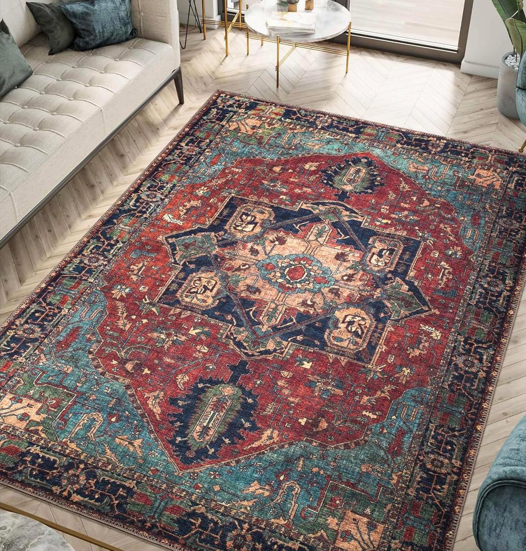 Keen Home Design 4x6 Rug - Machine Washable Area Rug with Non-Slip Backing, Ideal for Living Room, Dining Room, Bedroom - Vintage, Easy Clean, Durable, Low Pile Rug - (4' x 6') (Navy Blue/Red)