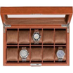 ROTHWELL 10 Slot Leather Watch Box - Luxury Case Display Jewelry Organizer - Locking Watch Display Case Holder with Large Glass Top - Box Organizer for Men and Women (Tan/Brown)
